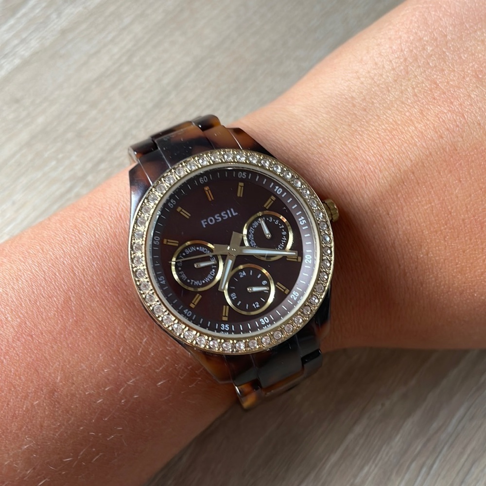 Womens Fossil Watch - Stella, tortoise shell links & gold diamond face